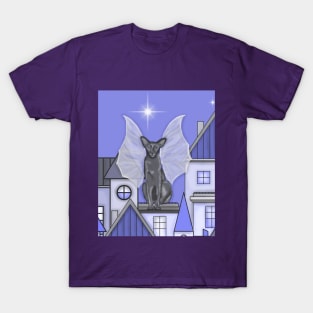 Winged cat. Dragon wings.Night city.Purple T-Shirt